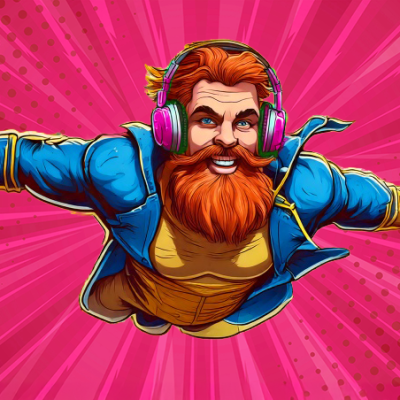 Superhéro barbu qui vole dans les airs avec un casque audio pour illustrer l'impact du son dans la marketing - c14 agency - Production audio à Montalieu-Vercieu