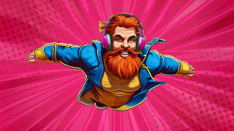 Superhéro barbu qui vole dans les airs avec un casque audio pour illustrer l'impact du son dans la marketing - c14 agency - Production audio à Montalieu-Vercieu